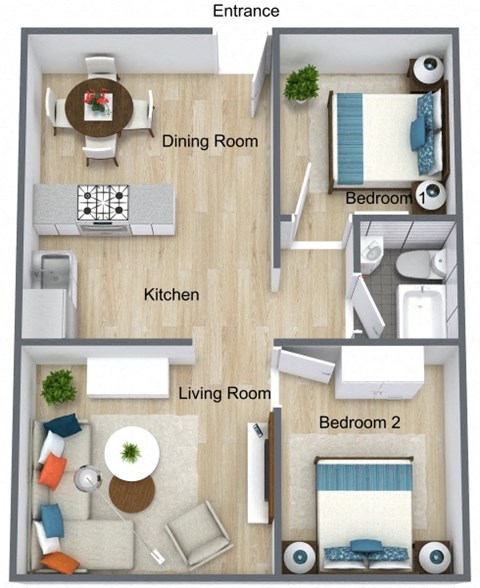 a room with a bedroom and a living room and a dining room